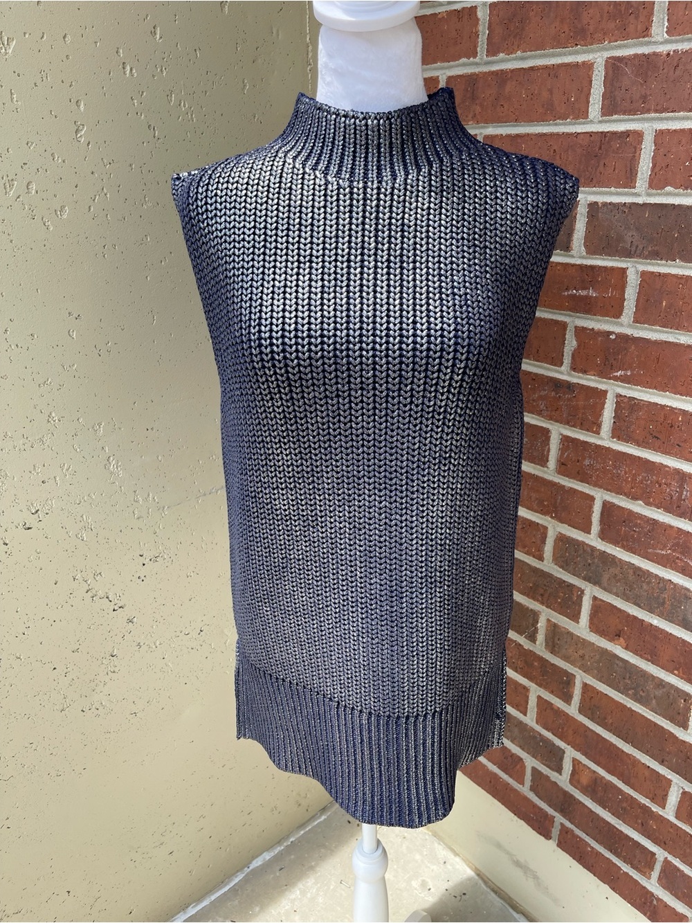 Pilcro Anthropologie Oversized Navy Silver Metallic Foil Sweater Vest Sz Medium
